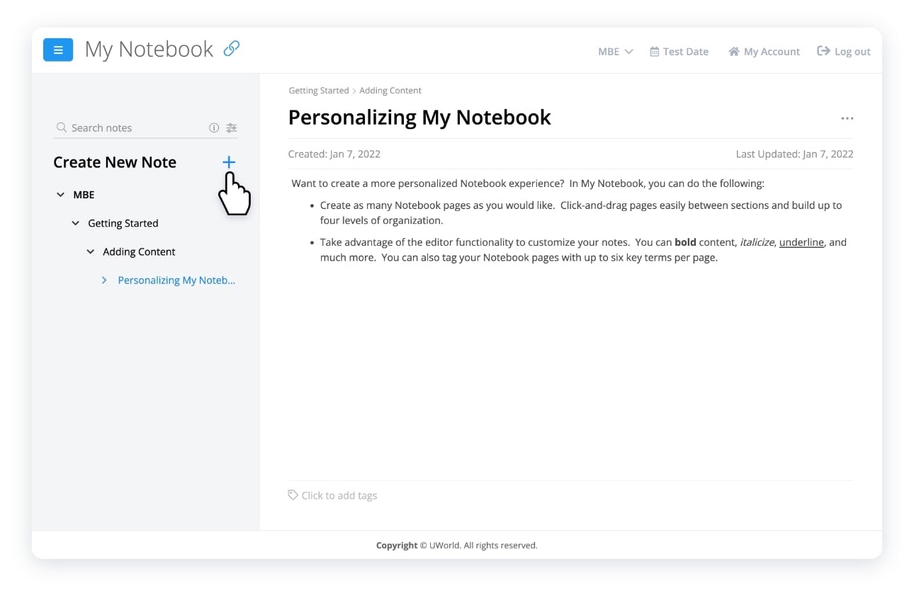 Uworld MBE QBank Personalizing My Notebook feature screenshot