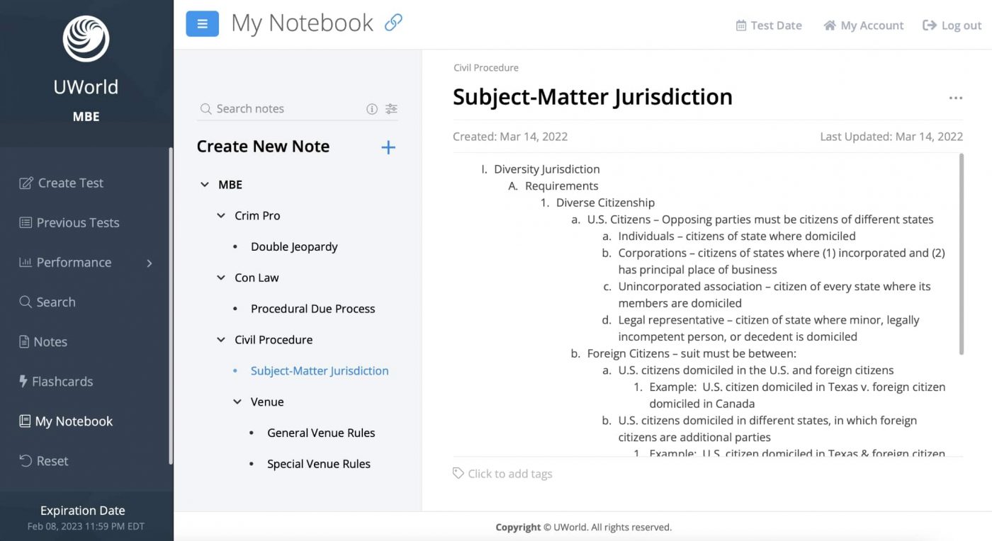 Screenshot of Uworld Legal MBE Qbank My Notebook feature.
