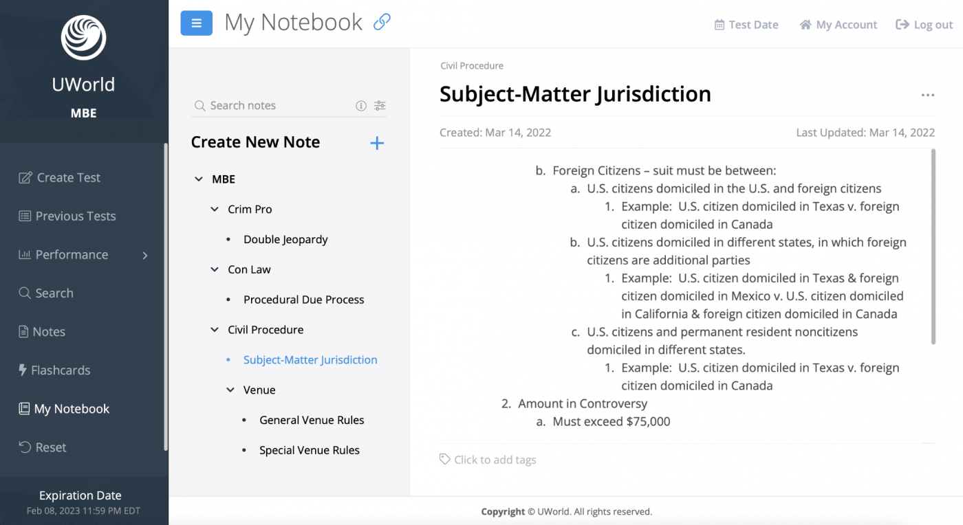 Screenshot of Uworld Legal MBE Qbank My Notebook examples from legal cases feature.