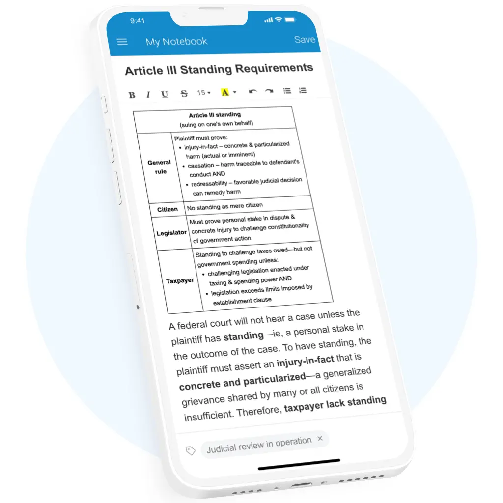 UWorld Legal My Notebook functionality displayed on a smartphone