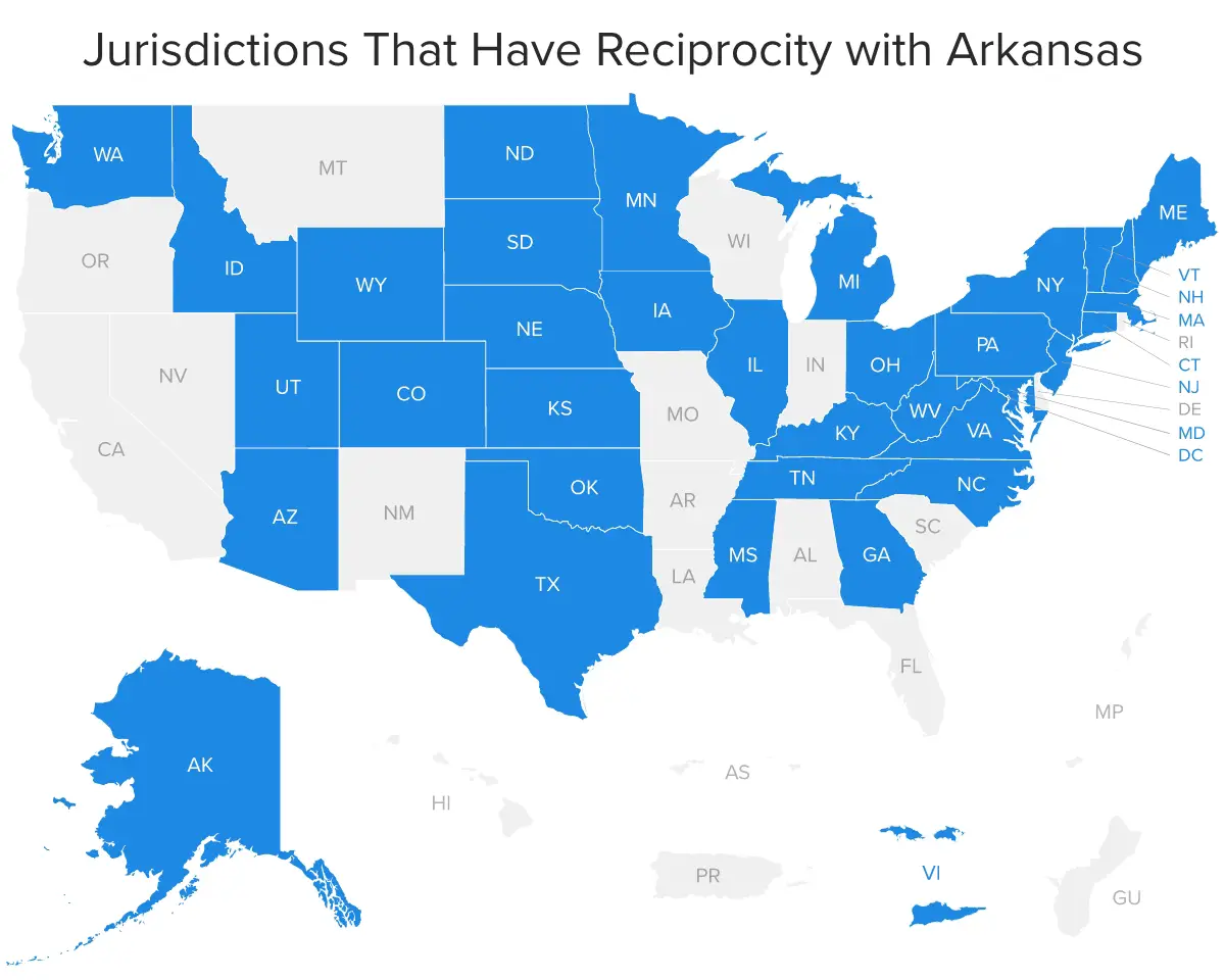 Map depicting states that have reciprocity agreement with Arkansas
