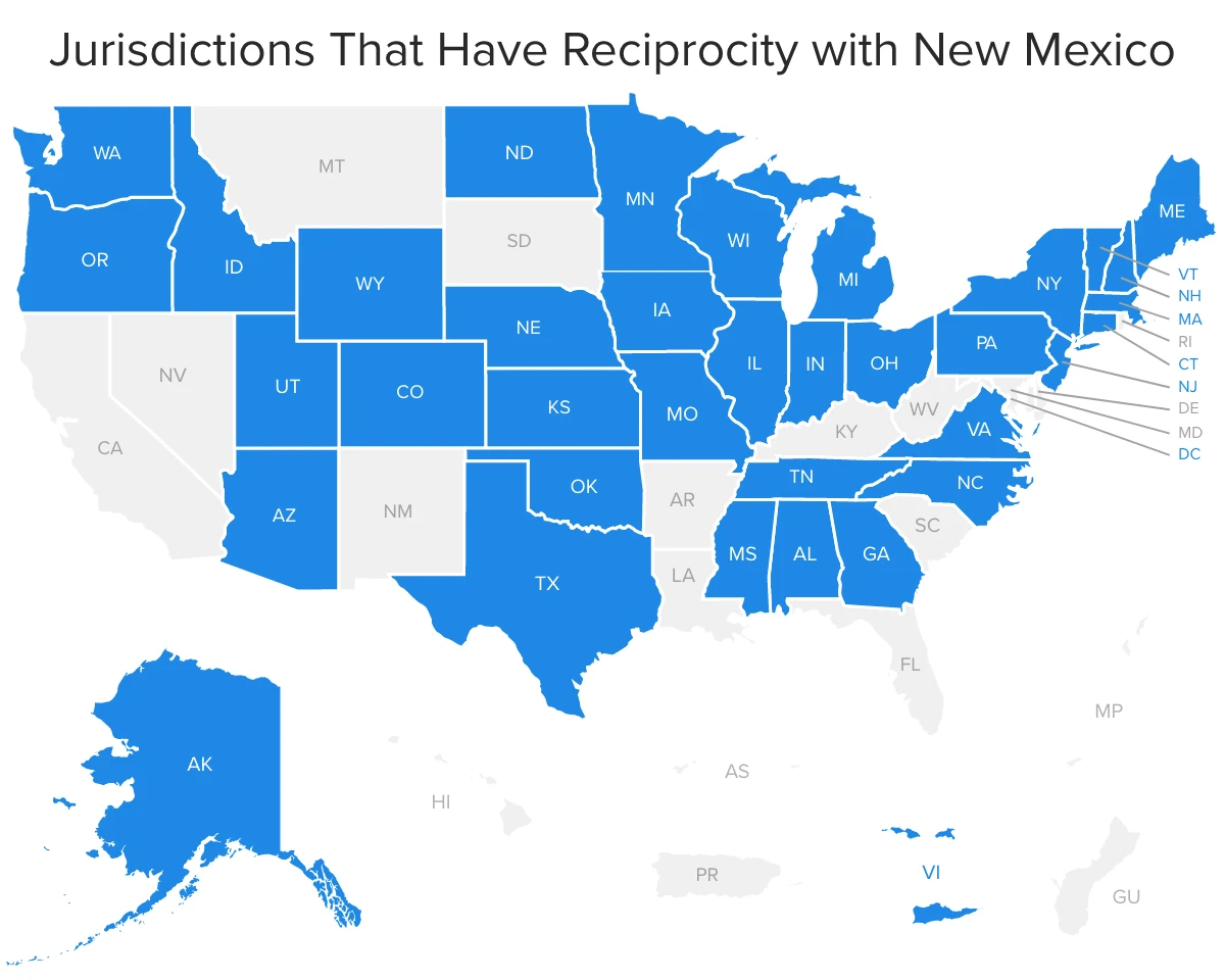 Map depicting states that have a reciprocity agreement with New Mexico