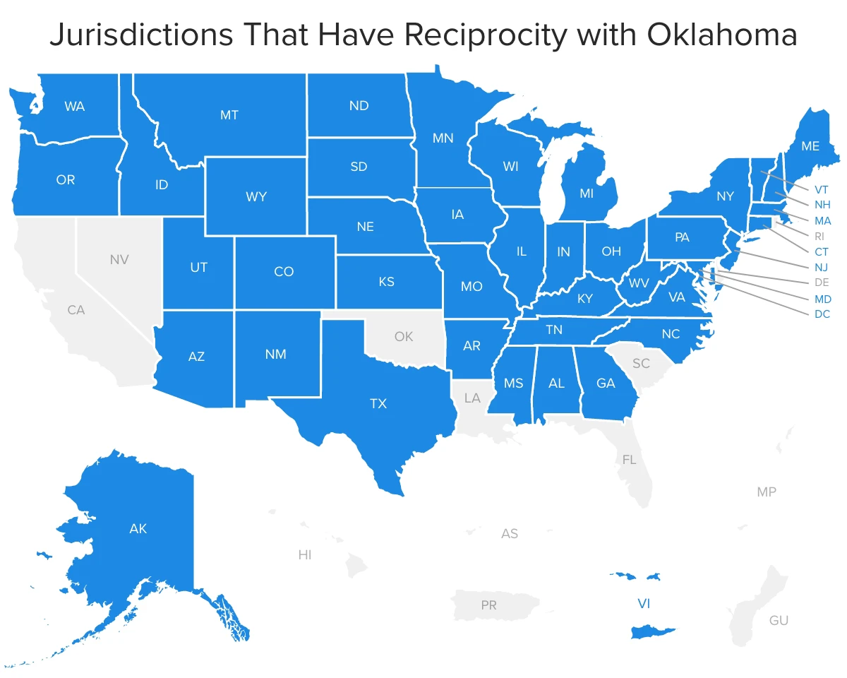 A map of UBE jurisdictions that have reciprocity with Oklahoma
