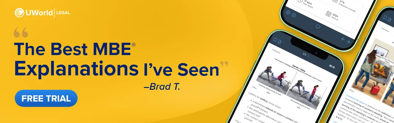 Brad T, a UWorld student, recommends UWorld's MBE QBank for its unmatched explanations. Click here to start your free trial.