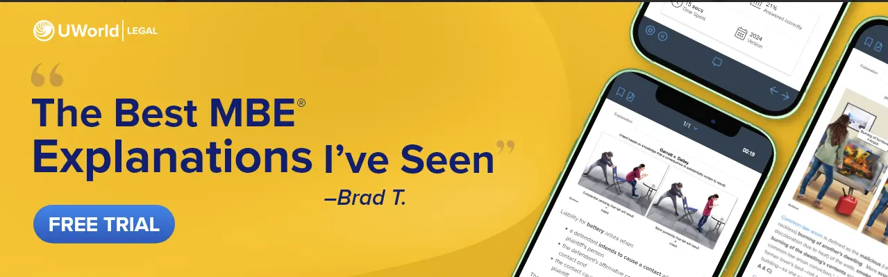 Brad T, a UWorld student, recommends UWorld's MBE QBank for its unmatched explanations. Click here to start your free trial.