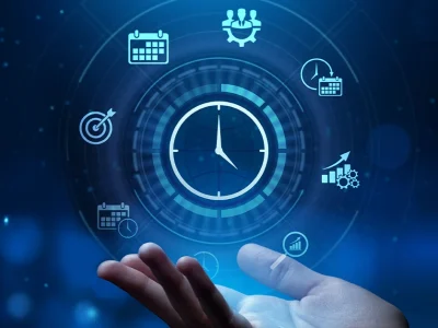 A person's hand is holding a glowing blue circle with various icons related to time management, including a clock, calendar, and graph.