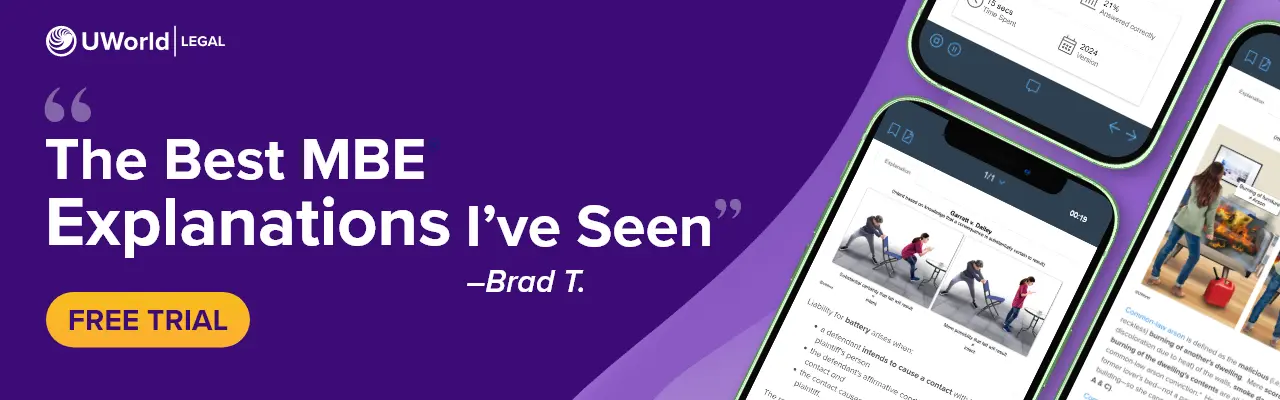 Brad T, a UWorld student, recommends UWorld's MBE QBank for its unmatched explanations. Click here to start your free trial.