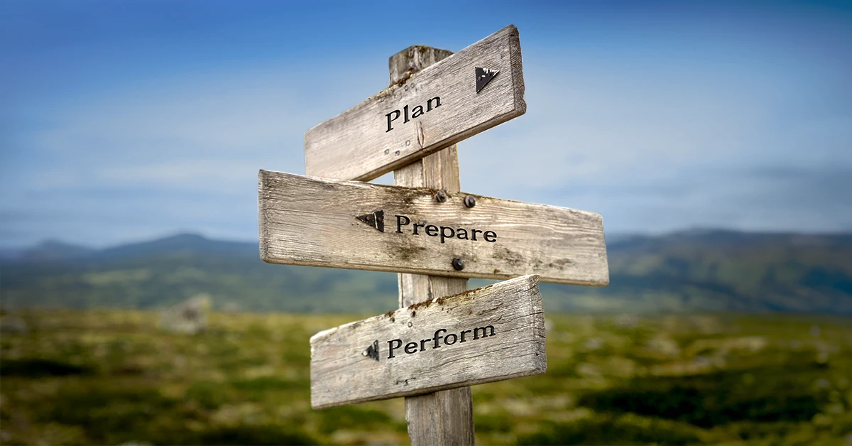 Plan prepare preform text quote on a wooden signpost outdoors in nature.