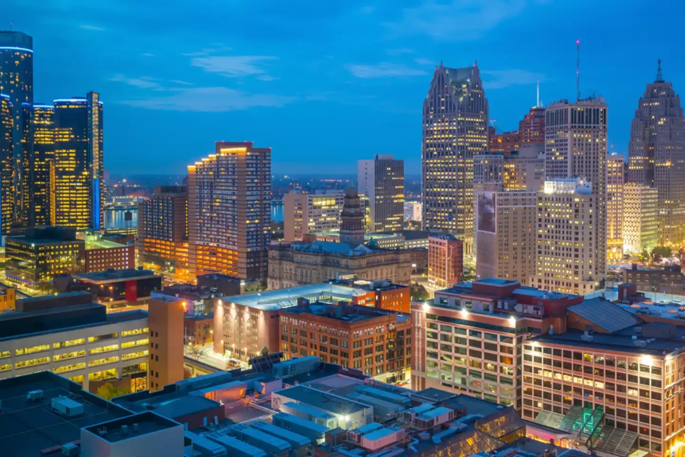 View of downtown Detroit at twilight in Michigan - Home to the Michigan Bar Exam