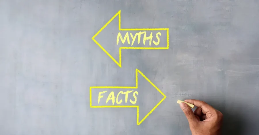 Chalkboard image of two arrows, one pointing left saying myths and one pointing right saying facts.