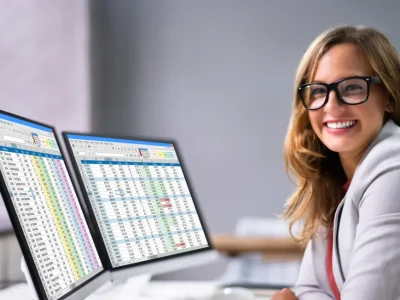 A smiling working woman wearing glasses and a light blazer sits at a desk with two monitors in front of her in a modern office.