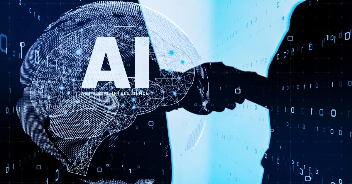 AI concept image featuring a digital brain formed by neural network connections, with a handshake between a human and a robot symbolizing collaboration between artificial intelligence and humans.