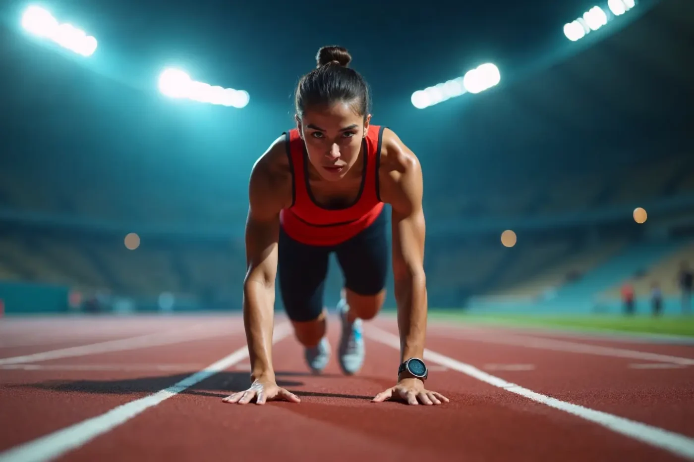A female athlete in a red tank top and black shorts is in a sprinter’s starting position on a professional running track at night.