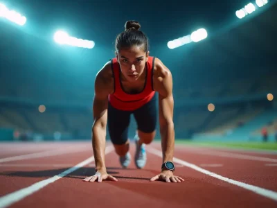 A female athlete in a red tank top and black shorts is in a sprinter’s starting position on a professional running track at night.