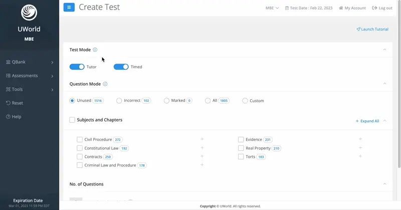 UWorld MBE Self Assessment dashboard showing full-length test results and performance analytics.