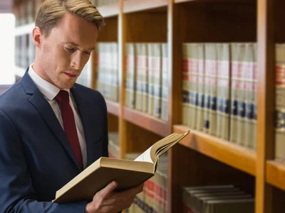 A determined man in a suit reviewing a law book in a library—symbolizing focused preparation for retaking the bar exam