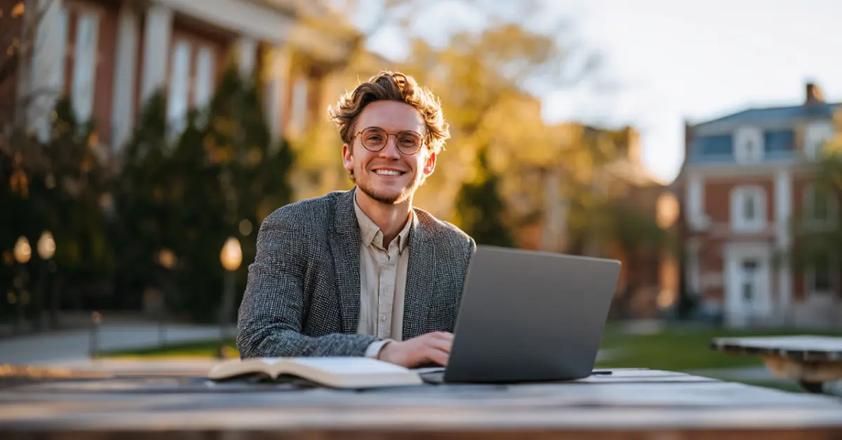 Smiling law student studying outside with the best bar exam practice and mock exams.