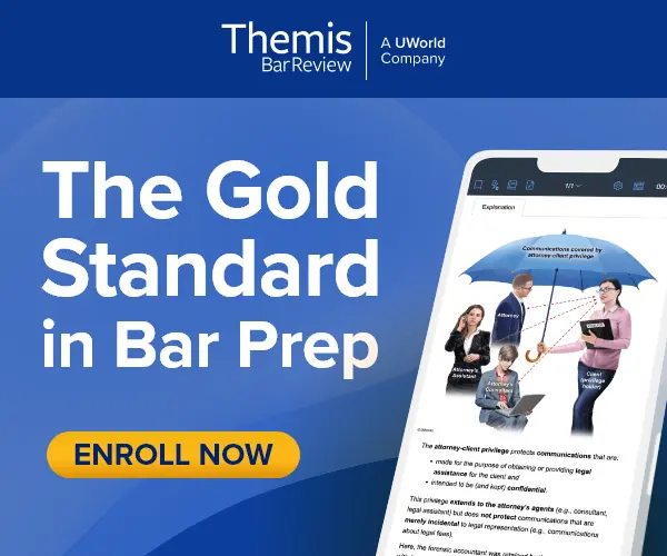 Themis’ bar prep course provides everything you need to pass the bar exam. Click here to enroll.